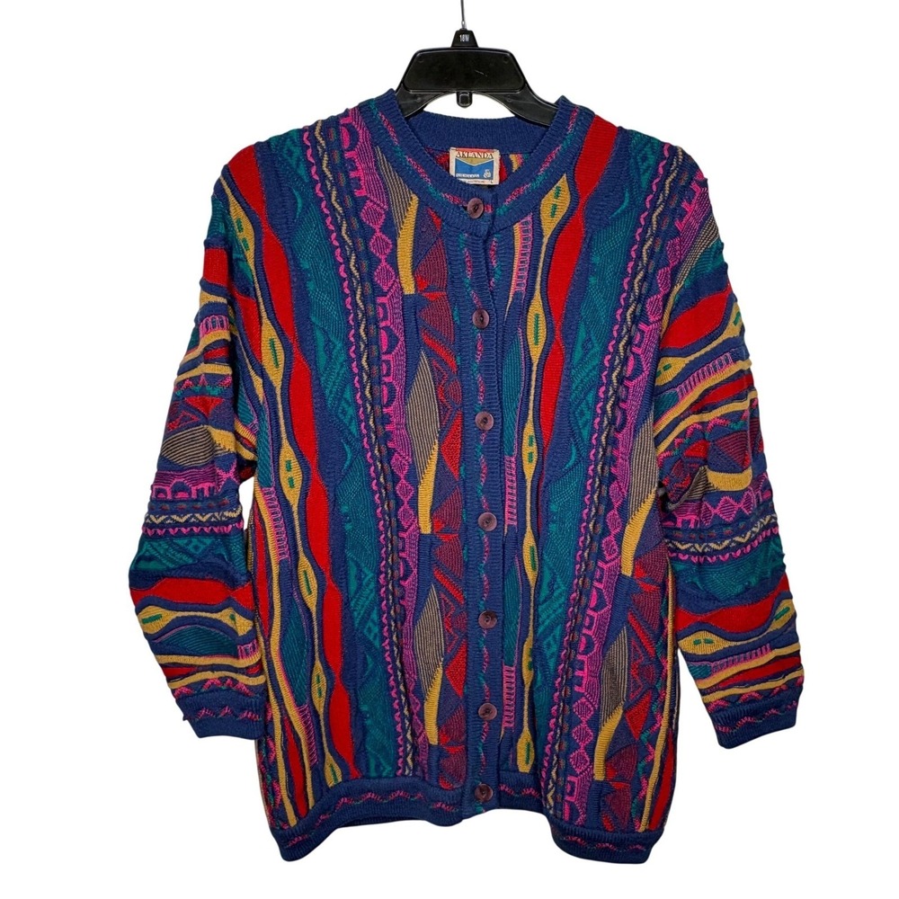 Vtg Aklanda Australia‎ 3D Knit Coogi Style Sweater L Pure New Wool Biggie 90s
